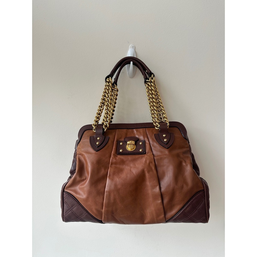 Marc Jacobs Cognac Leather Mix Quilted Two Tone Leather Bowling Bag
